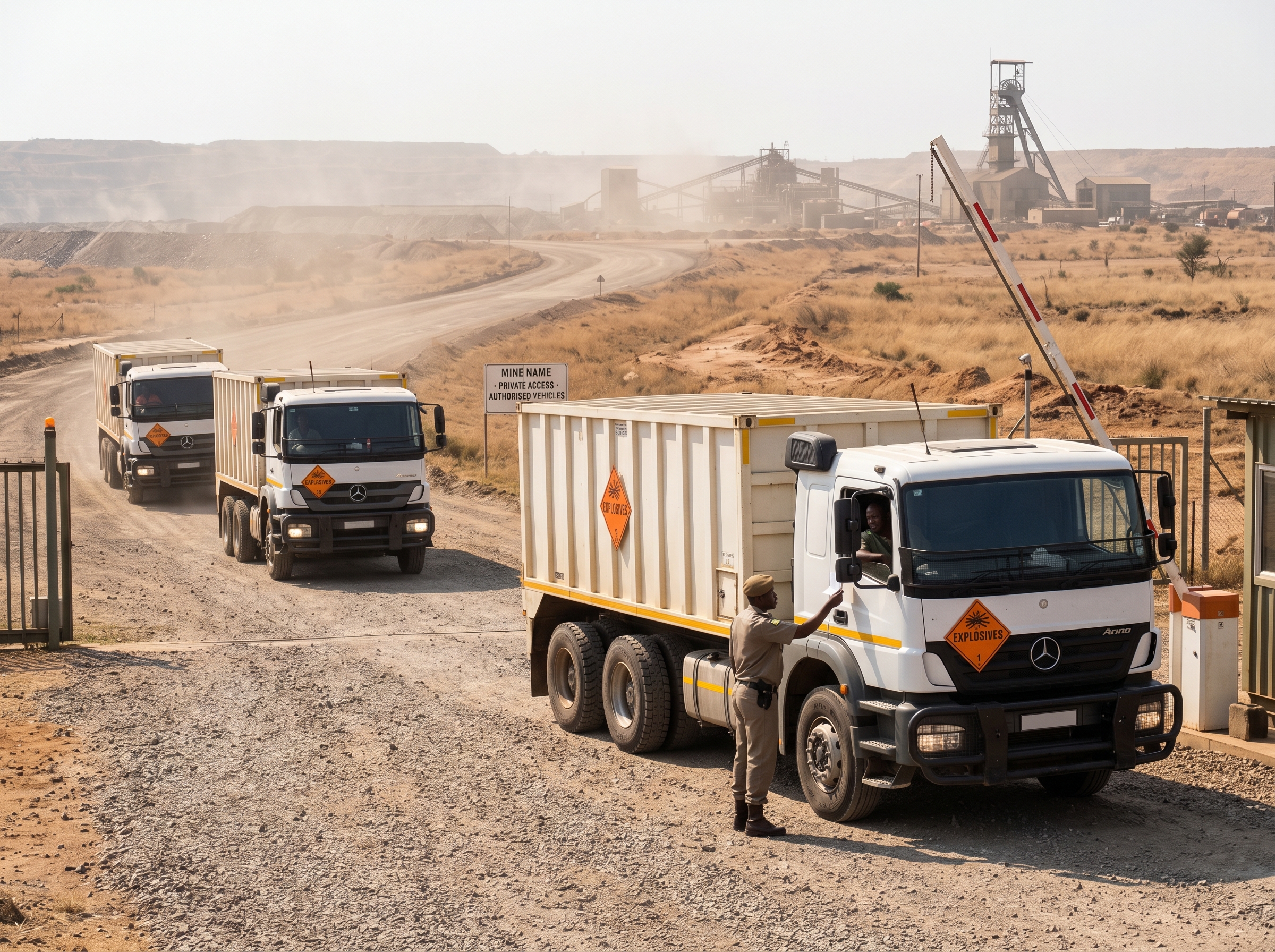 Explosives transport convoy arriving at mine site